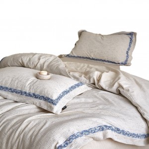 Grade a Home Textile Cotton Linen Yarn-Dyed Jacquard Duvet Cover Skin-Friendly Bed Sheets 4PCS French Linen Bedding Set for Homestay Home Wholesale