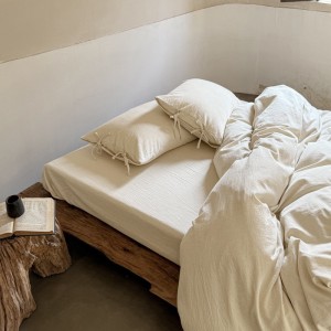 Class a Maternal Infant Linen Home Hotel Textile Yarn-Dyed Jacquard Washed Cotton Quilt Cover Skin-Friendly Breathable Natural Color Bedding Set