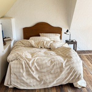 Class a Maternal Infant Linen Home Hotel Textile Yarn-Dyed Jacquard Washed Cotton Quilt Cover Skin-Friendly Breathable Natural Color Bedding Set