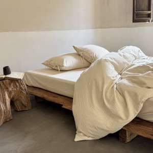 Class a Maternal Infant Linen Home Hotel Textile Yarn-Dyed Jacquard Washed Cotton Quilt Cover Skin-Friendly Breathable Natural Color Bedding Set