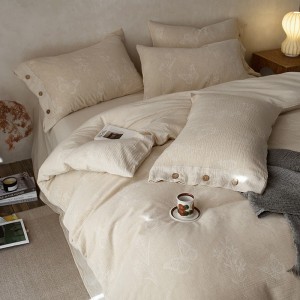 Cotton Linen Jacquard Double-Layer Yarn Buttons Quilt Cover Skin-Friendly Bed Sheets 4PCS Bedding Set in Stock Wholesale