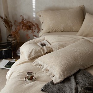 Cotton Linen Jacquard Double-Layer Yarn Buttons Quilt Cover Skin-Friendly Bed Sheets 4PCS Bedding Set in Stock Wholesale