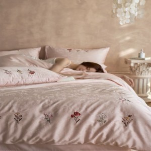 500tc Pure Cotton Bed Linen Floral Plant Jacquard Embroidery Duvet Cover Pink Bed Sheets Bedding Set