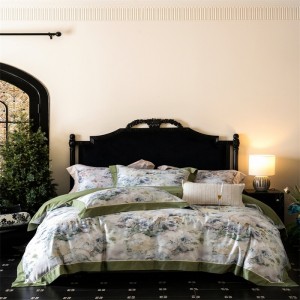 Hot selling green quilt cover printing fitted sheets flat sheet 100% cotton home textile 4-pieces bedding set supplier