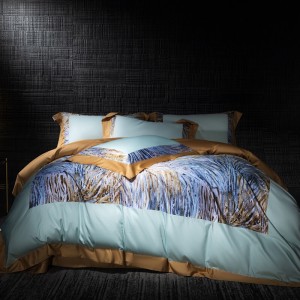 Hot selling sateen cotton 4-pieces textile ODM coverlets printing bedsheets simple style blue bed linen bedding set wholesaler
