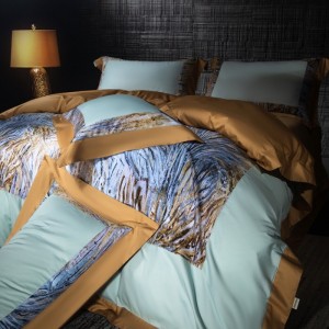 Hot selling sateen cotton 4-pieces textile ODM coverlets printing bedsheets simple style blue bed linen bedding set wholesaler