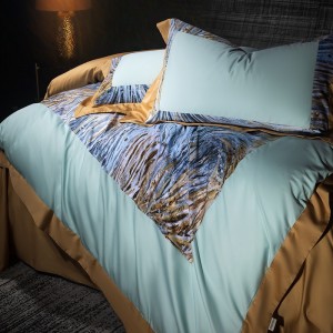 Hot selling sateen cotton 4-pieces textile ODM coverlets printing bedsheets simple style blue bed linen bedding set wholesaler