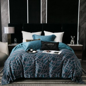 High luxury blue yarn-dyed digital printing quilt cover bed sheets queen king size 140s cotton bedding set