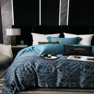 High luxury blue yarn-dyed digital printing quilt cover bed sheets queen king size 140s cotton bedding set