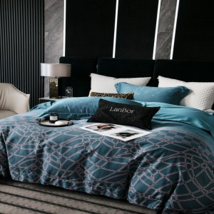 High luxury blue yarn-dyed digital printing quilt cover bed sheets queen king size 140s cotton bedding set