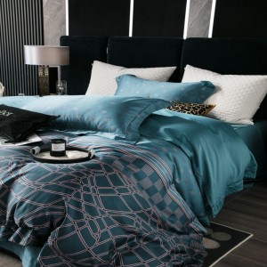 High luxury blue yarn-dyed digital printing quilt cover bed sheets queen king size 140s cotton bedding set