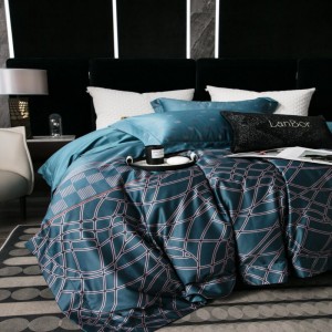 High luxury blue yarn-dyed digital printing quilt cover bed sheets queen king size 140s cotton bedding set