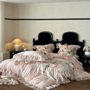 800tc floral plant digital printing duvet cover pillowcases bed sheets long staple cotton lace edge bedding set
