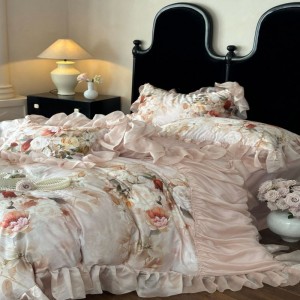800tc floral plant digital printing duvet cover pillowcases bed sheets long staple cotton lace edge bedding set