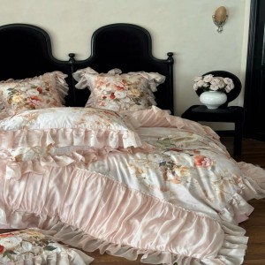 800tc floral plant digital printing duvet cover pillowcases bed sheets long staple cotton lace edge bedding set