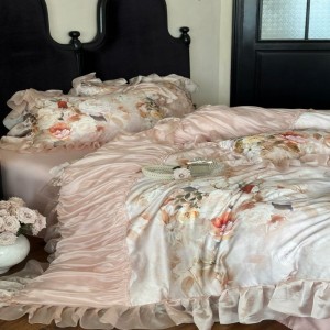 800tc floral plant digital printing duvet cover pillowcases bed sheets long staple cotton lace edge bedding set