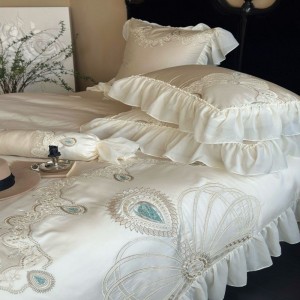 White lace embroidery duvet cover 140s long staple cotton bed sheets bedding set wholesale