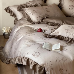 High-quality satin lyocell bed sheets exquisite single size printing quilt cover lace brown home textile bedding set manufacture