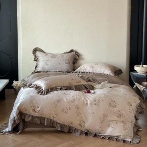 High-quality satin lyocell bed sheets exquisite single size printing quilt cover lace brown home textile bedding set manufacture