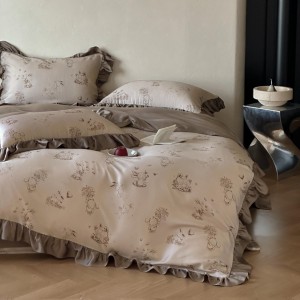 High-quality satin lyocell bed sheets exquisite single size printing quilt cover lace brown home textile bedding set manufacture