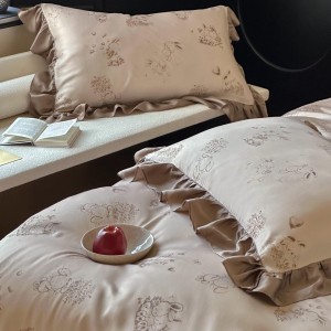 High-quality satin lyocell bed sheets exquisite single size printing quilt cover lace brown home textile bedding set manufacture