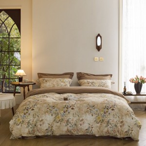 100% cotton satin home hotel textile yellow comforter cover with 2 high-end printing pillowcases coverlets brown bedding set manufacture