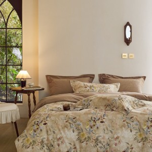100% cotton satin home hotel textile yellow comforter cover with 2 high-end printing pillowcases coverlets brown bedding set manufacture