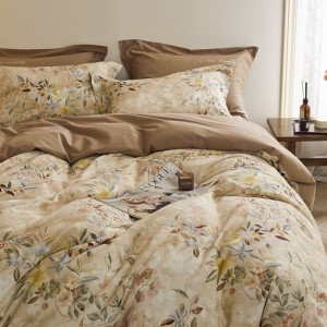 100% cotton satin home hotel textile yellow comforter cover with 2 high-end printing pillowcases coverlets brown bedding set manufacture