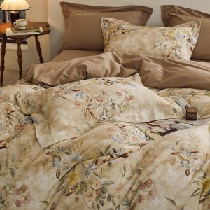 100% cotton satin home hotel textile yellow comforter cover with 2 high-end printing pillowcases coverlets brown bedding set manufacture