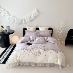 Embroidered duvet cover solid color fitted flat sheets 2m/2.2m double bedsheet purple lyocell pillowslip queen king size bedding set