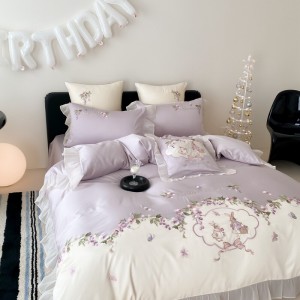 Embroidered duvet cover solid color fitted flat sheets 2m/2.2m double bedsheet purple lyocell pillowslip queen king size bedding set