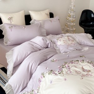 Embroidered duvet cover solid color fitted flat sheets 2m/2.2m double bedsheet purple lyocell pillowslip queen king size bedding set