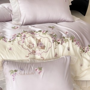 Embroidered duvet cover solid color fitted flat sheets 2m/2.2m double bedsheet purple lyocell pillowslip queen king size bedding set
