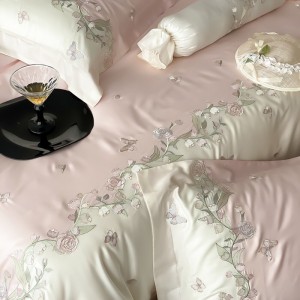 Hot selling embroidery cotton 4-pieces textile ODM coverlets pink bedsheets simple style bed linen bedding set wholesaler