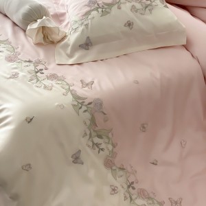 Hot selling embroidery cotton 4-pieces textile ODM coverlets pink bedsheets simple style bed linen bedding set wholesaler