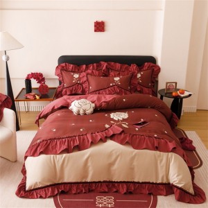 Wedding cotton bed linen exquisite king size house embroidery comforter cover red bedroom bedding set wholesaler