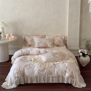 Princess style printing home textile lyocell cotton bed linen pink lace duvet quilt comforter cover bedding set wholesaler