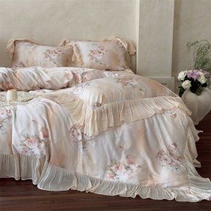 Princess style printing home textile lyocell cotton bed linen pink lace duvet quilt comforter cover bedding set wholesaler