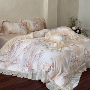 Princess style printing home textile lyocell cotton bed linen pink lace duvet quilt comforter cover bedding set wholesaler