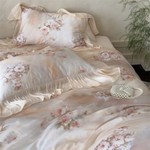 Princess style printing home textile lyocell cotton bed linen pink lace duvet quilt comforter cover bedding set wholesaler