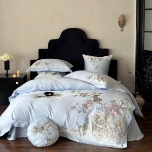 Luxury Custom 100S Australia Cotton Comforter Linen Embroidery Duvet Cover Sets Soft Blue Breathable Zipper Closure Quality Home Bedding Set