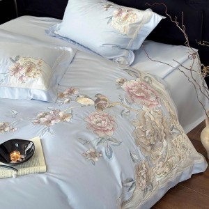 Luxury Custom 100S Australia Cotton Comforter Linen Embroidery Duvet Cover Sets Soft Blue Breathable Zipper Closure Quality Home Bedding Set