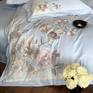 Luxury Custom 100S Australia Cotton Comforter Linen Embroidery Duvet Cover Sets Soft Blue Breathable Zipper Closure Quality Home Bedding Set