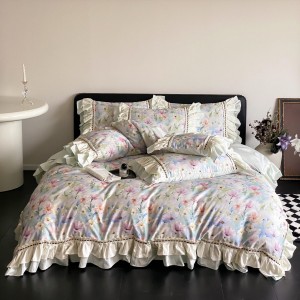 Soft 100S Cotton Satin Pink Lace Duvet Cover Bedding Set King Size King Duvet Cover Set Supplier
