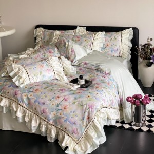 Soft 100S Cotton Satin Pink Lace Duvet Cover Bedding Set King Size King Duvet Cover Set Supplier