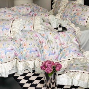 Soft 100S Cotton Satin Pink Lace Duvet Cover Bedding Set King Size King Duvet Cover Set Supplier