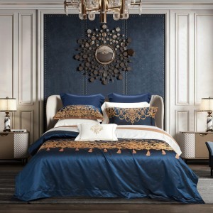 Luxury Mulberry Silk Yarn-Dyed Jacquard Duvet Cover Blue King Quilt Cover Smoothy Bed Sheets Home Textile 4PCS Bedding Set