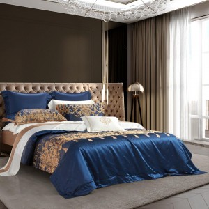 Luxury Mulberry Silk Yarn-Dyed Jacquard Duvet Cover Blue King Quilt Cover Smoothy Bed Sheets Home Textile 4PCS Bedding Set