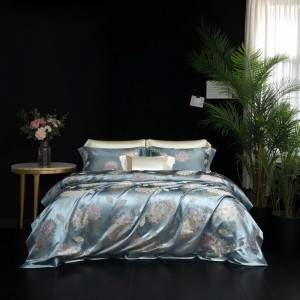 Luxury Blue Floral Yarn-Dyed Jacquard 100% Mulberry Silk 4PCS Bedding Set with Smooth Duvet Cover Bed Sheets Double Pillowcases