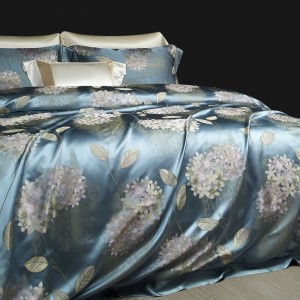 Luxury Blue Floral Yarn-Dyed Jacquard 100% Mulberry Silk 4PCS Bedding Set with Smooth Duvet Cover Bed Sheets Double Pillowcases